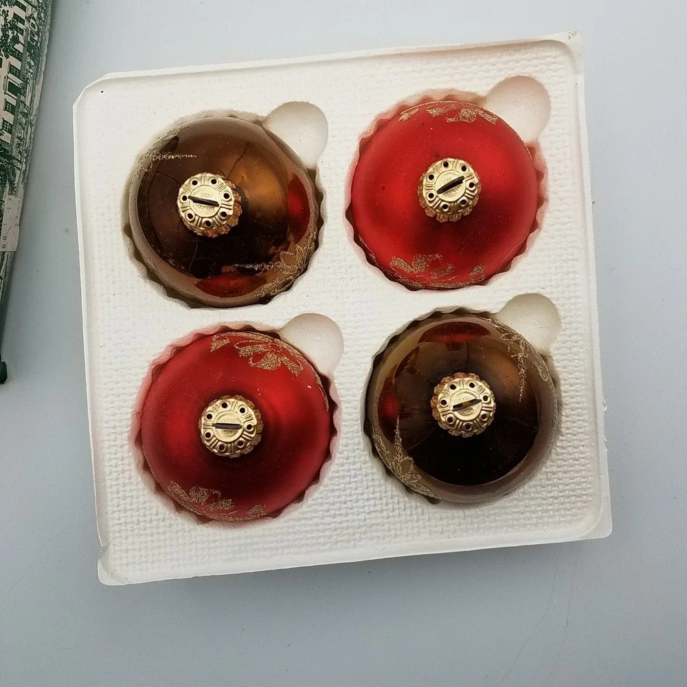 Vintage Lot 4 glass ornaments Christmas Classics Gold Red Glitter‎  w/Box